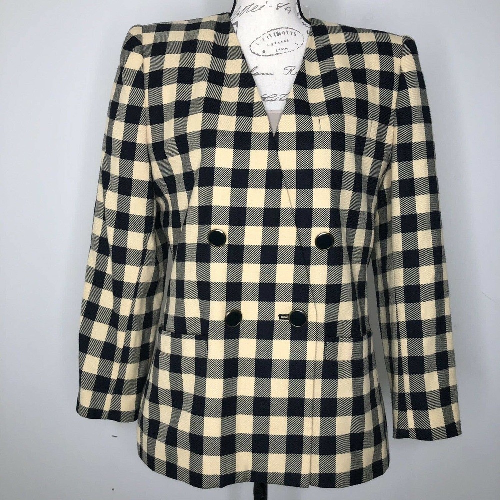 Vintage En Avance Yellow & Navy Plaid Double Breasted Button Front Blazer